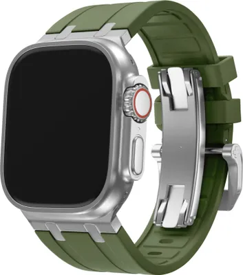 Produktbild von BALR. flüssiges Silikonarmband passend für Apple Watch 1/2/3/ 4/5/6/7/8/9/10/SE/Ultra in den Größen: 44mm / 45mm / 46mm / 49mm - Kautschukarmband mit Stahlstecker (grün/silber)