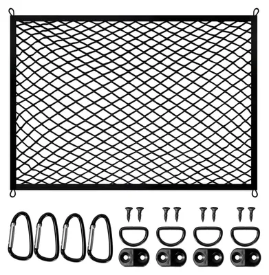 Image de Filet de rangement élastique, 80 x 60 cm - Filet pour coffre - Filet pour hayon - 4 crochets - 4 crochets en acier - Facile à installer