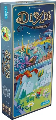 A box of the Dixit Anniversary board game, showing a fantastical scene with various creatures and characters.
