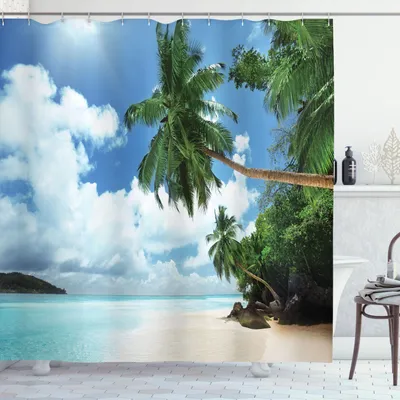 Produktbild von ABAKUHAUS Strand Duschvorhang, Palmen Blätter Insel Ozean exotischen Dschungel Lagoon Reisen Thema Bild, 175 x 180 cm, Grün Blau Aqua