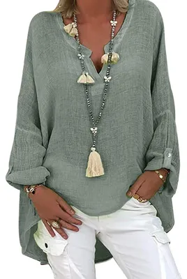 Produktbild von Tincini Leinenbluse Damen Bluse Sommer Tunika V-Ausschnitt Longbluse Große Größen Leinenhemd Blusenshirt Langarmshirt Leinen Baumwolle Hemd Oberteile Shirt (A Grün, XL)