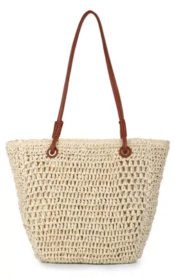 Image de Omgoods - Grand sac de plage tissé à la main avec des poignées en cuir