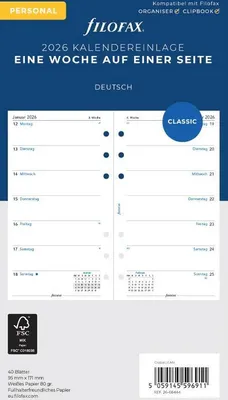 Produktbild von FILOFAX Kalendereinlage 2026 - Personal - 1 Woche = 1 Seite - weiss - deutsch - 26-68444
