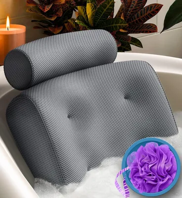 Produktbild von Badewannenkissen, Badewannen Kissen mit Weichem 4D Netzgewebe und 4 Rutschfesten Saugnäpfen, Badekissen zur Unterstützung von Nacken und Rücken, Grau