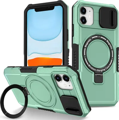 Produktbild von Handyhülle für iPhone 11 Kompatibel mit MagSafe, Robuste Hülle mit Schiebe Kamera Schutz, Magnetischer Ringständer Grün