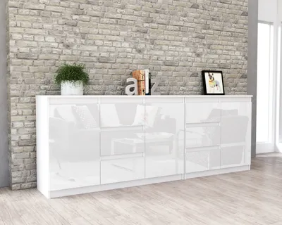 Zdjęcie produktu dla AZ team ® Duża Komoda BIAŁY POŁYSK 200 cm 6 Szuflad 3 Drzwi Zestaw do Salonu