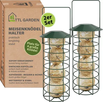 Produktbild von TTL GARDEN 2er Set Meisenknödelhalter mit Dach 31cm Grün Metall Vogelfutterspender Outdoor