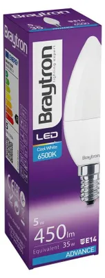 Obrázok produktu pre LED žiarovka Braytron E14, 5 W, C37, 6500 K, studená biela, sviečkový tvar, 450 lúmenov