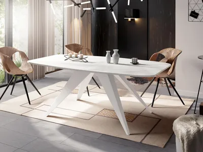 Produktbild von Ausziehbarer Esstisch im Loft-Stil - Industrieller Tisch in Weißer Marmoroptik mit Weißen Metallbeinen - Modernes Design für Wohnzimmer - 180 cm Ausziehbar auf 220 cm - Marmor Weiß