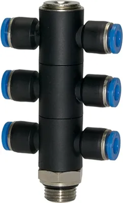 Produktbild von Riegler T-Mehrfachverteiler »Blaue Serie«, 6-fach, drehbar, G 3/8 a. Ø 8mm