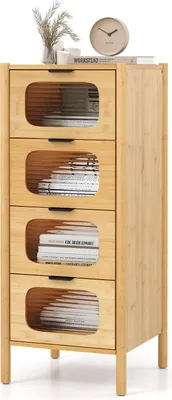 Produktbild von 97 cm hohe Kommode mit 4 Schubladen, Bambusschrank mit geriffelten Schubladentüren aus gehärtetem Glas & Kippschutz, Natur