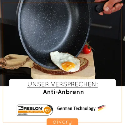 Produktbild von Divory Pfanne, Ø 28 cm, Höhe 2,5 cm, PTFE Greblon Antihaft, abnehmbarer Griff, backofenfest bis 230 °C, spülmaschinenfest, Induktion & alle Herdarten, inkl. Teigverteiler & Holzschaufel, für Crepe, Pfannkuchen, Palatschinken, 6 Monate Anti-Anbrenn-Ersatz, 1 kg, entwickelt in Deutschland