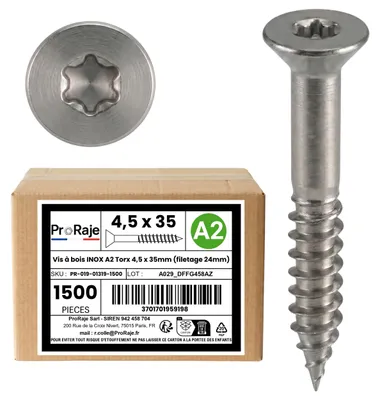 Obrázok produktu pre Nerezové skrutky na drevo A2: 4,5 x 35 mm, TORX, zapustená hlava, 1500 kusov