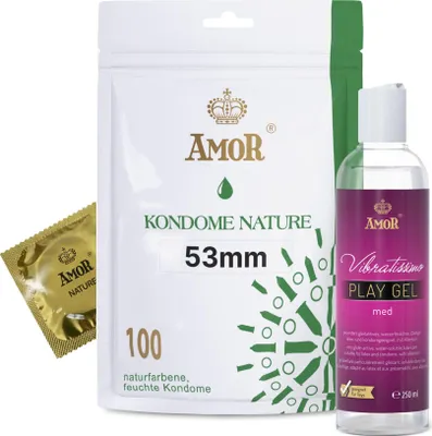 Produktbild von AMOR Premium Kondom und Gleitgel Set - 100 Kondome Nature Ø 53 mm + Vibratissimo Play Gel med 250 ml