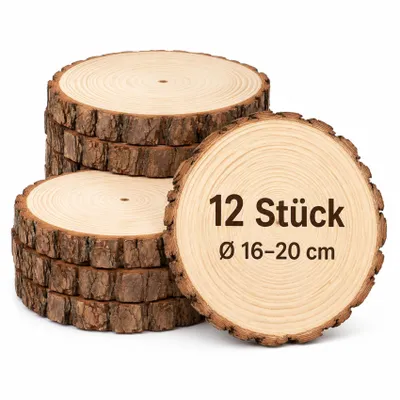 Produktbild von 12 Stück Baumscheiben, Holzscheiben zum Basteln 16-20cm Durchmesser, Runde Holzstücke 1,5cm Dick, Holzscheiben 20cm Große für DIY-Basteleien Hochzeit