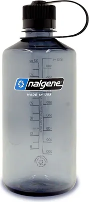 A gray Nalgene water bottle with black lid and markings for volume measurement.