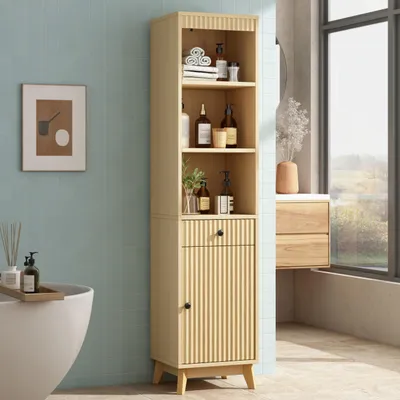 Immagine prodotto di Mobiletto bagno verticale, con ante a listelli verticali e design reversibile per l'apertura a sinistra o a destra, contenitore con cassetto, mobile autoportante, finitura in legno naturale