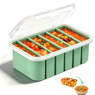 Image de Moulette en silicone pour congélation avec couvercle - 6 compartiments pour soupes et portions - Récipients alimentaires pour soupe, bouillon, sauce ou beurre - 1 pièce