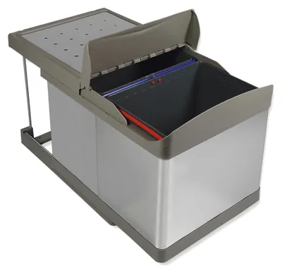 Zdjęcie produktu dla Emuca Pojemnik do recyklingu, mocowanie dolne, wysuw automatyczny, 2x16 litrów, Plastik i Stal nierdzewna