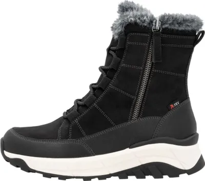 A side view of a black winter boot with fur trim.