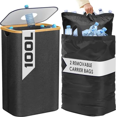 Produktbild von PromoHome® Küchenabfalleimer mit 2 XXL Tragetaschen - 100 Liter Abfalleimer für Recycling und Mülltrennung - Faltbarer Mülleimer für Küche