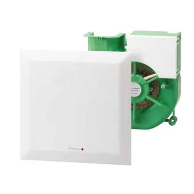 A white square ventilation unit with a green fan component partially visible behind it, set against a white background.
