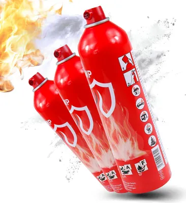 Three red fire extinguishers are shown in a diagonal arrangement against a white background, with flames and smoke effects in the upper left corner.