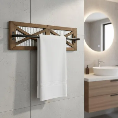 Immagine prodotto di Mucola Portasciugamani Barra per asciugamani MarroneGalvanizzato Grigio Consolle per lavabo 60x15 Legno massiccio Cucina Bagno Lavabo Rustico