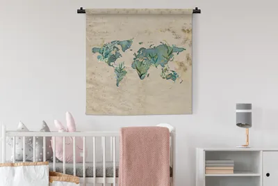 Produktbild von MuchoWow® Wandteppich Wandbehang Weltkarte - Vintage - Pflanzen 90x90 cm Tapisserie Dekoration Wandtuch - Wandaufhänger