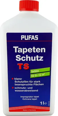 A white plastic bottle with a blue and red label for PUFAS Tapetenschutz TS.
