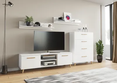 Zdjęcie produktu dla Meblościanka Fiord biała, styl skandynawski, Meble do salonu, Komplet mebli, zestaw mebli, komoda, rtv, półki