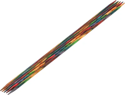 A set of knitting needles with a multicolored design.