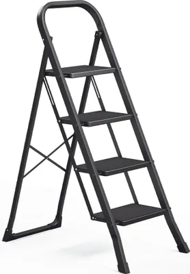 A black, four-step folding stepladder shown against a white background.