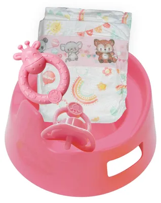 Produktbild von Puppen Töpfchen Set rosa mit Rassel, Schnuller und Windel, Ø 15 cm