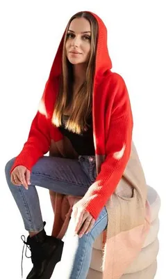 Produktbild von Kapuzen-Cardigan mit Streifen in Rot + Camel + Puderrosa