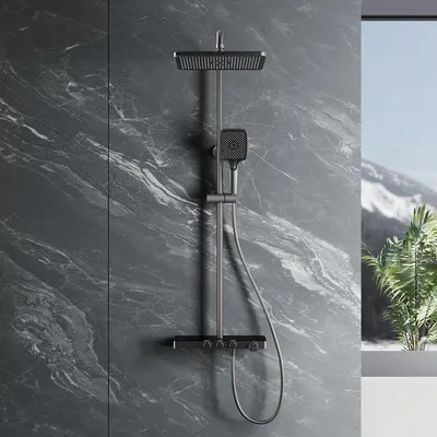 Zdjęcie produktu dla Termostatyczna głowica prysznicowa i system SONNI w kolorze Gunmetal Grey, termostat 38°C, trzy rodzaje strumienia, regulator przepływu wody