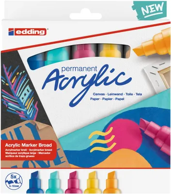Produktbild von Edding 5000 Acrylmarker Breit, Blau, Orange, Violett, Türkis, Gelb, Meißel, Blau, Orange, Violett, Türkis, Gelb, Extradick, 5 mm, 1 cm