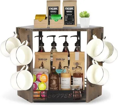 Image de Organisateur à deux niveaux pour le café, pour la maison ou le bureau - Station à café universelle et porte-tasses avec 12 crochets