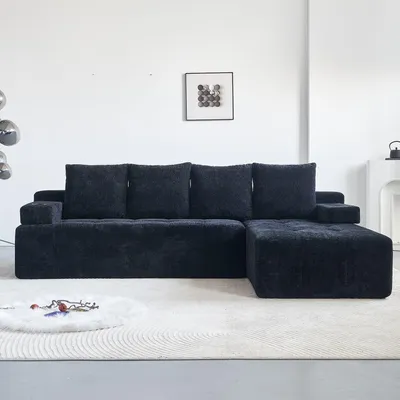 Obrázok produktu pre Moderná pohovka v tvare písmena L z čenilky s otočným ležadlom, minimalistický dizajn, bočné vrecko, 2 držiaky na poháre, pohodlné sedenie do obývacej izby