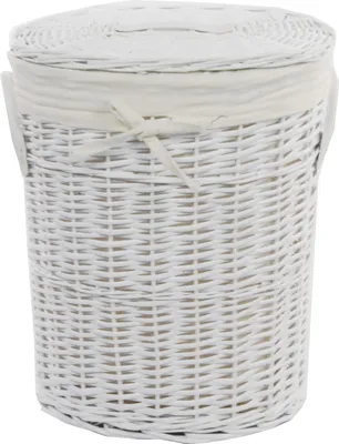 A white wicker laundry basket with a fabric liner and lid.