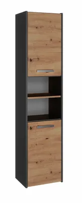 A tall, narrow bathroom cabinet with a wood-grain finish and gray accents.