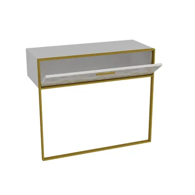 A white and gold console table with a drawer slightly ajar.