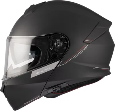 A black flip-up motorcycle helmet shown from the side.