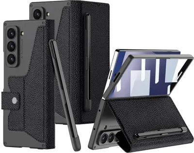 Image de Étui en cuir pour Samsung Galaxy Z Fold 8 Ultra, avec support intégré, protection d'écran et emplacement pour stylet, couleur noir Liči
