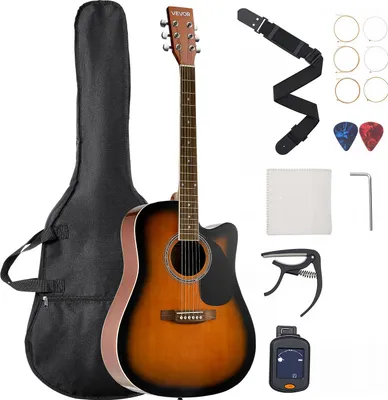 Zdjęcie produktu dla Gitara akustyczna VEVOR 41 in Cutway, 6-strunowa, Sunburst Solid Spruce Top Guitar, zestaw dla początkujących z gig bagiem, tunerem, paskiem, stalowymi strunami, kostkami, kapo, palisandrową podstrunnicą, do gry solowej w stylu Fingerstyle Jazz