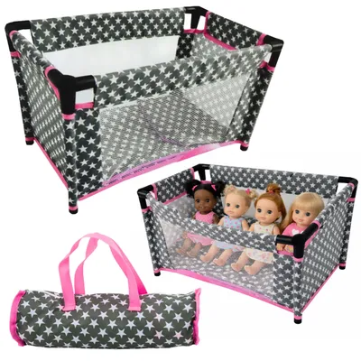 Produktbild von Alice-Puppenbett mit Sternen, Tasche, Decke, Kissen, Grau und Rosa