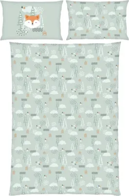 Produktbild von Herding Flanell Kinder Baby Bettwäsche Nordic Forest Wald Tannen mint 100x135 cm