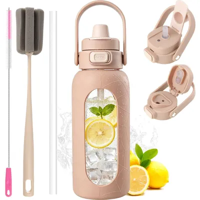 Obrázok produktu pre Sklenená fľaša na pitie, 1 liter, s silikónovým obalom a kefkou