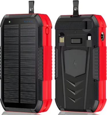Produktbild von Linomag® Solar-Powerbank, 40.000 mAh, 2 Kabel, 4 Anschlüsse, kabelloses Laden, integrierter Kompass und Taschenlampe, Schnellladefunktion, wasserdicht, ideal für Reisen und Camping, Schwarz/Rot