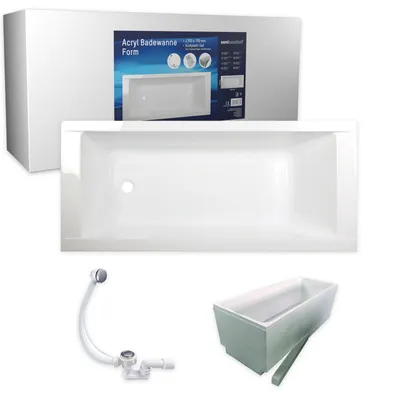 A white acrylic bathtub and its accessories are displayed against a white background, with packaging shown above.
